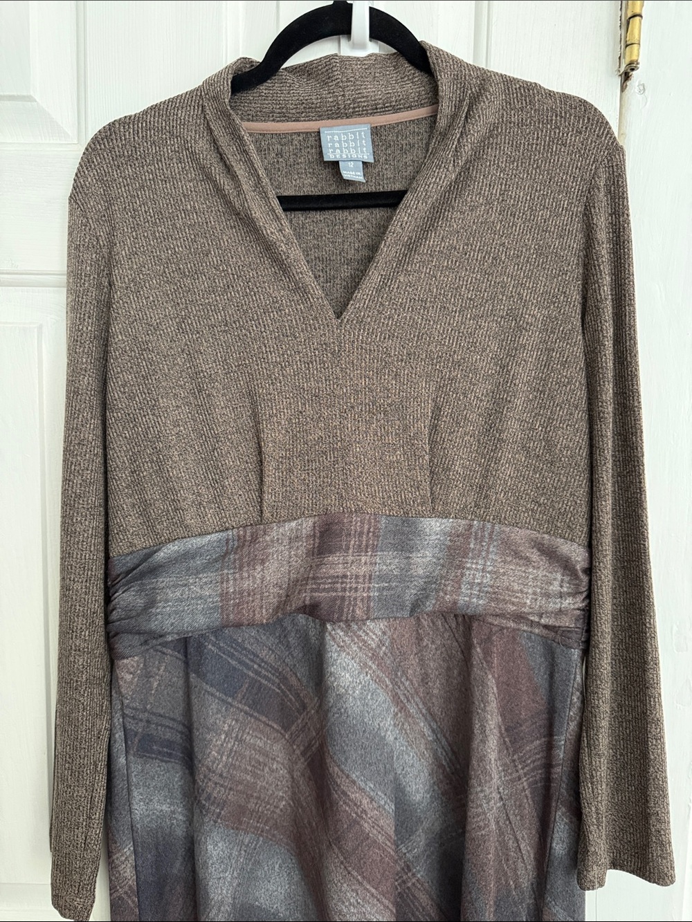 Rabbit Rabbit Rabbit Taupe V-Neck Sweater with Plaid Panel